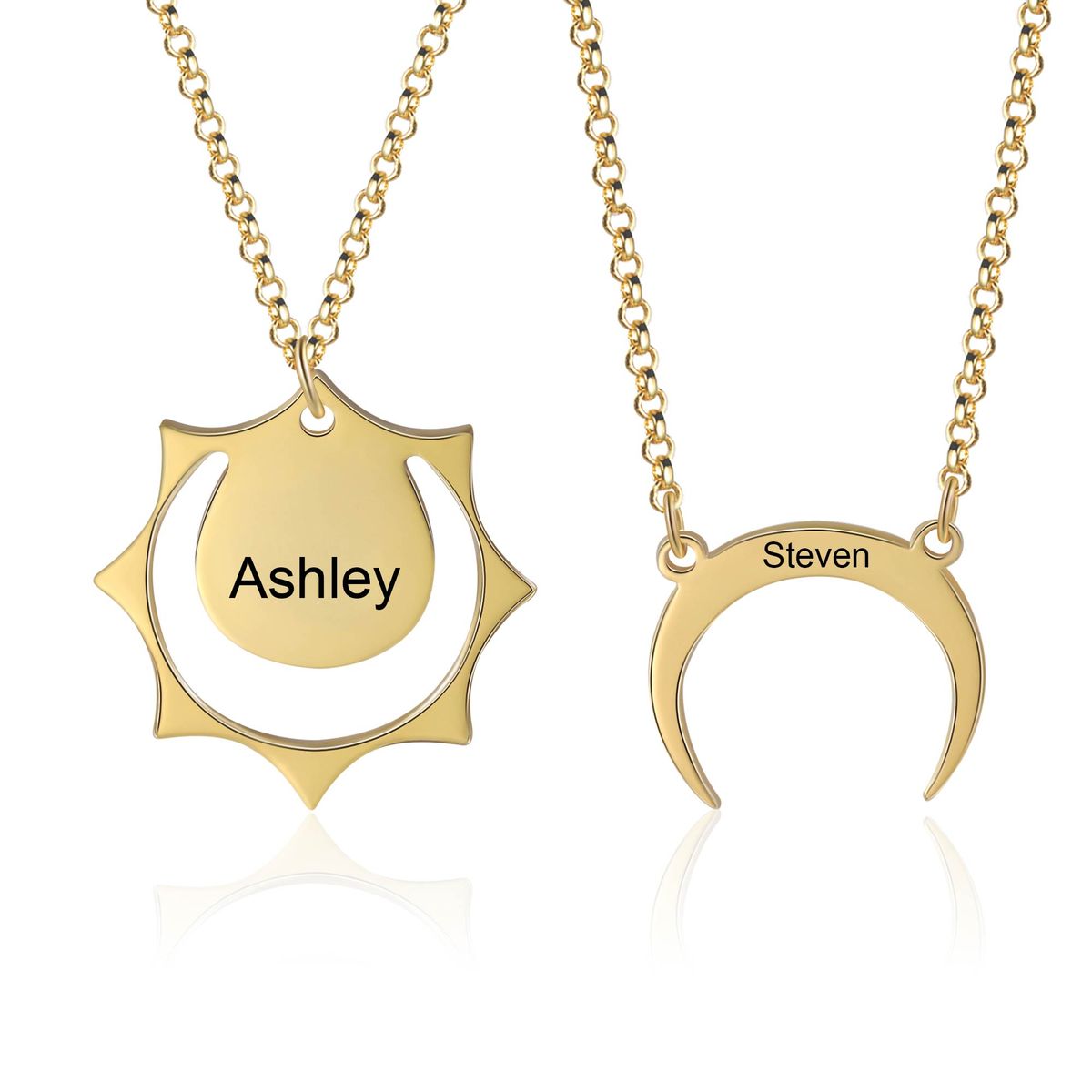 Two gold pendant necklaces resting side by side, one shaped as a radiant sun and the other as a crescent moon, forming a matching friendship set.