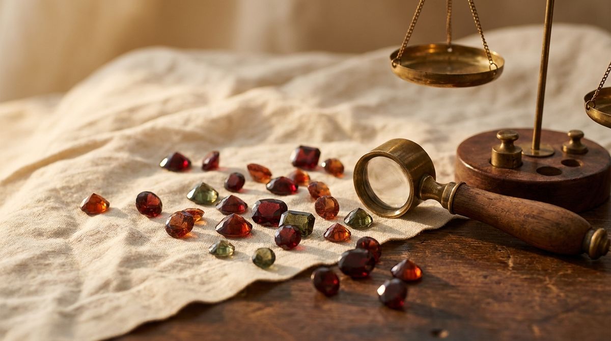 loose faceted garnet gemstones in red, orange and green with a jeweler's loupe and brass scale, editorial still life