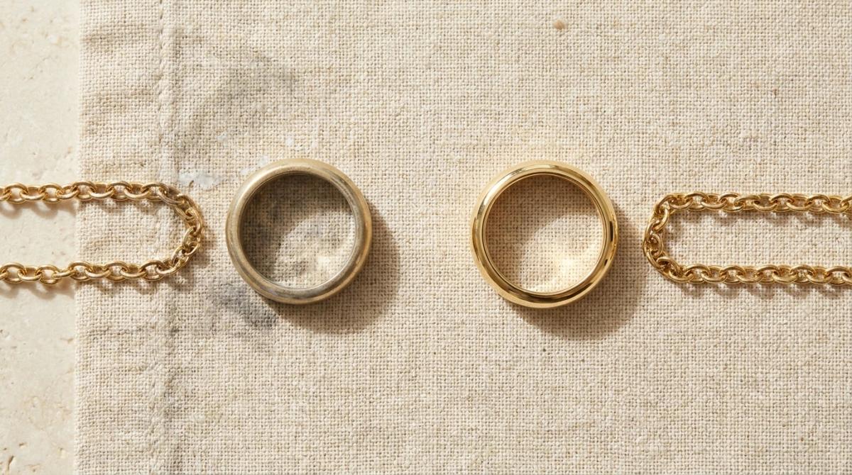 A tarnished gold ring next to a polished, bright gold ring of the same style