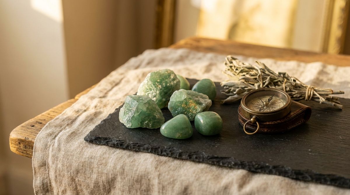 Raw and tumbled green aventurine crystals with a subtle metallic sparkle arranged on dark slate beside an antique brass compass and dried sage sprigs, warm golden-hour light