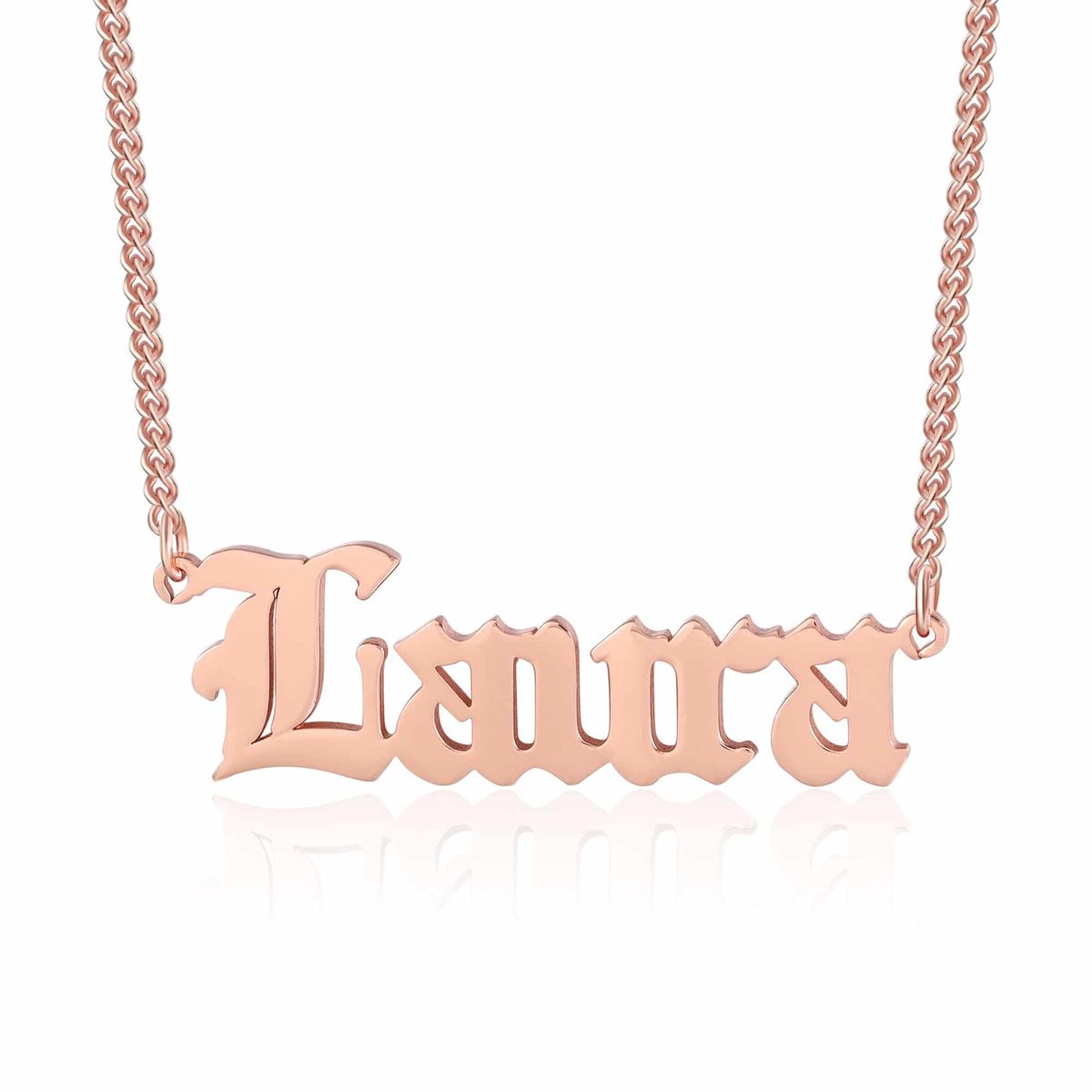 An Old English blackletter name necklace on a curb chain