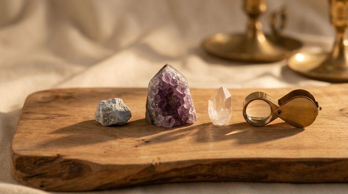 A rough grey talc stone, an amethyst geode, a clear quartz point, and a brass jeweler's loupe arranged by size on a wooden board, illustrating a range of mineral hardness