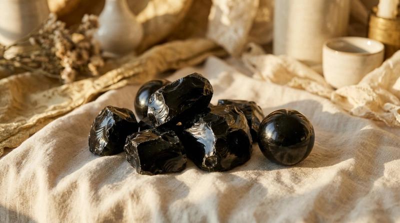 Raw and polished black obsidian stones, glossy volcanic glass with sharp conchoidal fractures, on linen