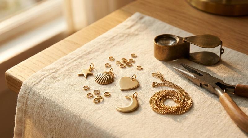 Loose, unassembled gold-tone charms -- a star, a scallop shell, a plain heart tag, a crescent moon -- scattered beside jump rings and a coiled fine chain on a linen-draped workbench, next to a brass jeweler's loupe and pliers