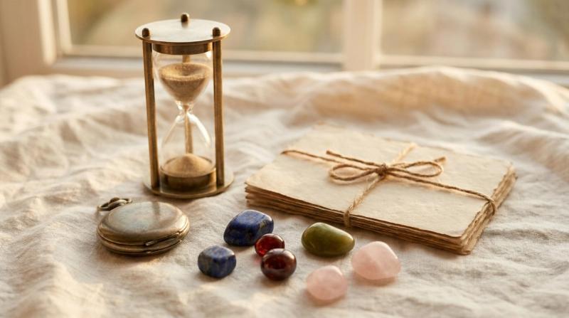 Vintage hourglass, pocket watch, and colorful loose gemstones on linen beside a tied stack of blank paper cards, evoking birth months and time