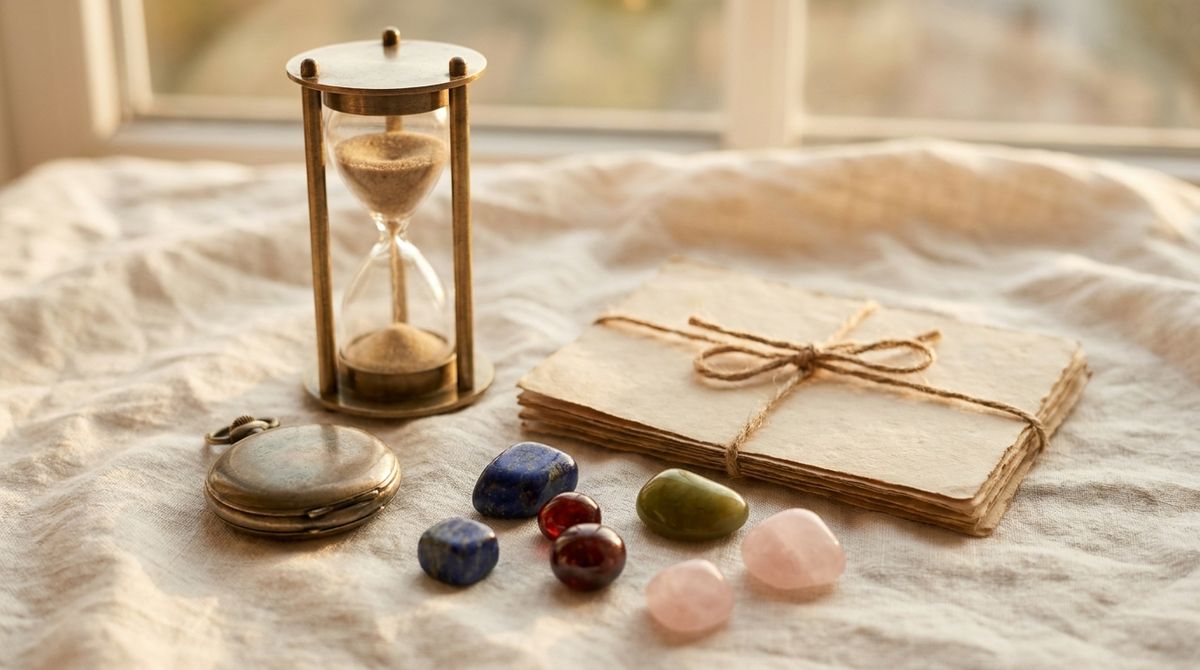 Vintage hourglass, pocket watch, and colorful loose gemstones on linen beside a tied stack of blank paper cards, evoking birth months and time
