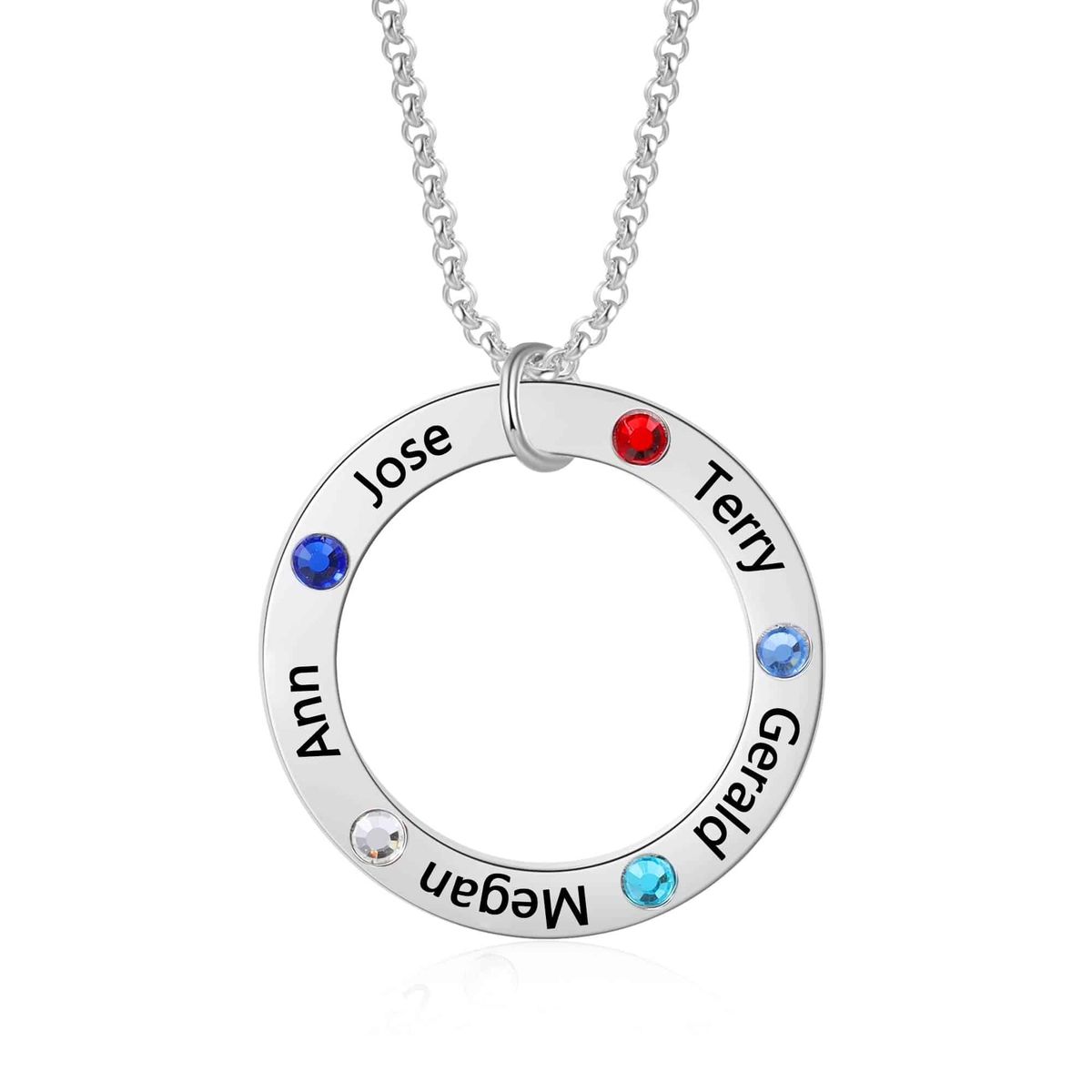 Silver and gold anniversary jewelry — engraved bangle and family birthstone necklace