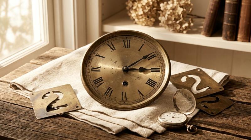 Vintage brass clock and loose numeral stencils showing the number two, styled as an editorial still life