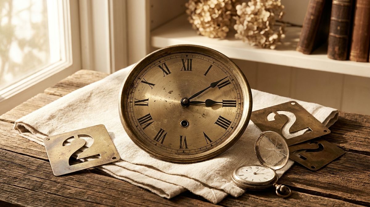 Vintage brass clock and loose numeral stencils showing the number two, styled as an editorial still life