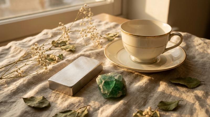 Antique porcelain teacup and saucer beside a brushed platinum-toned metal bar and a raw emerald crystal, styled for a 20th wedding anniversary gift guide