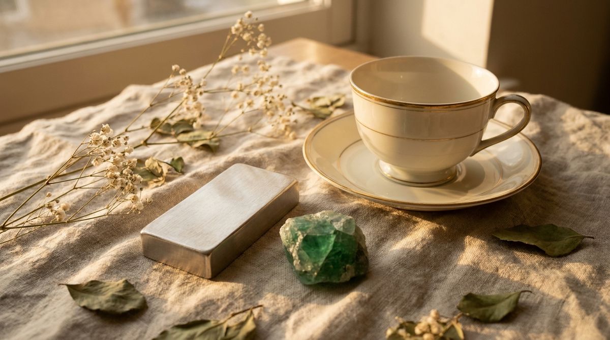 Antique porcelain teacup and saucer beside a brushed platinum-toned metal bar and a raw emerald crystal, styled for a 20th wedding anniversary gift guide