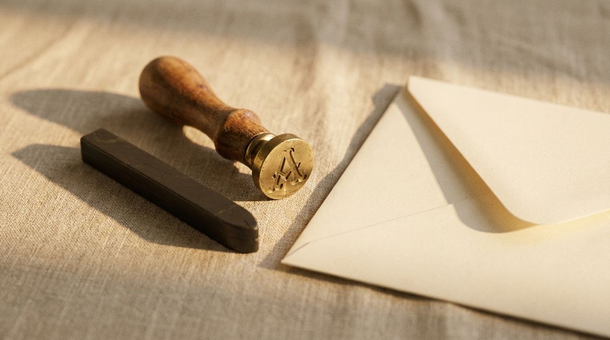 Antique brass wax-seal stamp engraved with a single letter, resting on linen beside a stick of sealing wax and a cream envelope