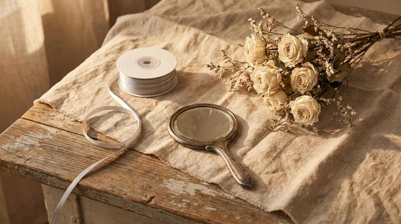 A coil of silver ribbon, an antique silver hand mirror, and a bouquet of dried white roses on linen and aged wood