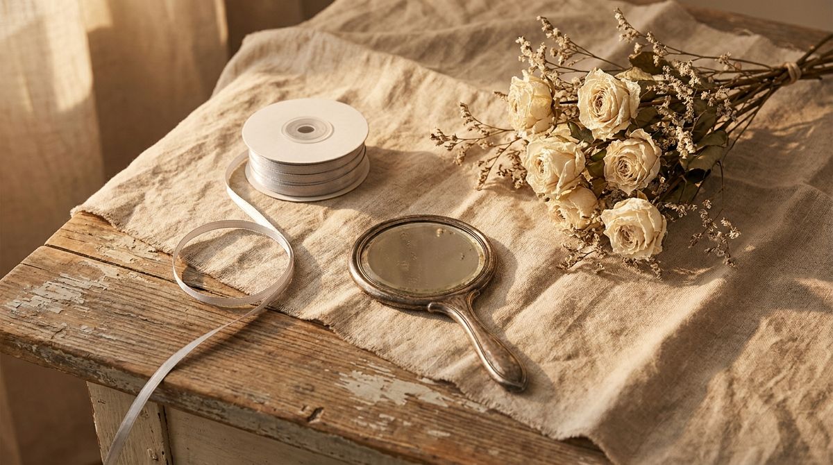 A coil of silver ribbon, an antique silver hand mirror, and a bouquet of dried white roses on linen and aged wood