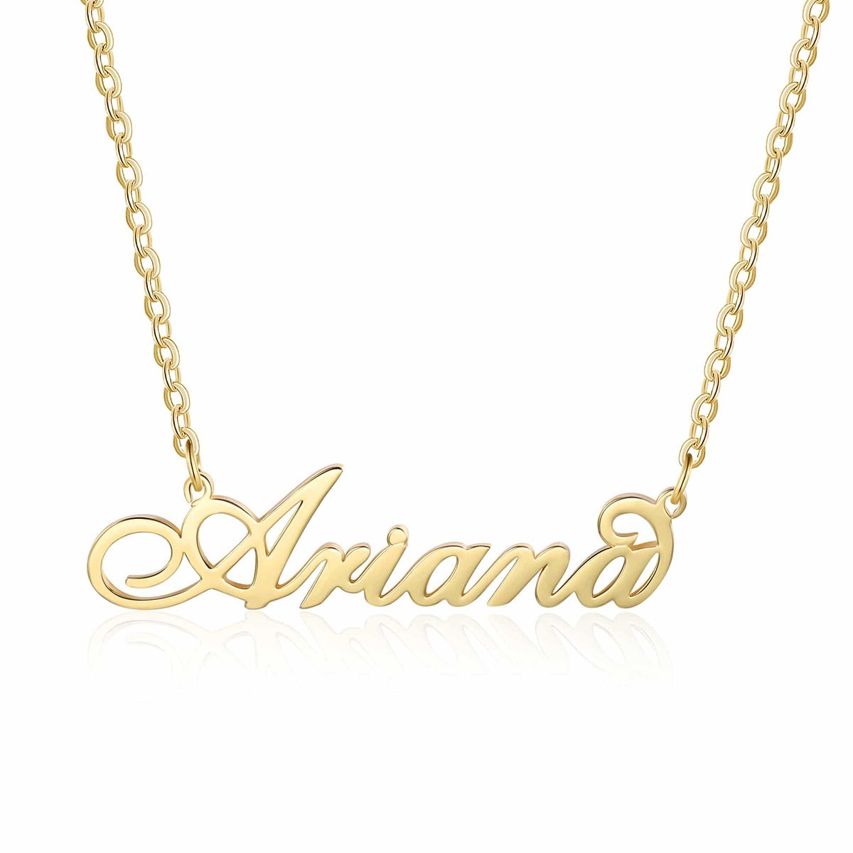 FARUZO Carrie-style script name necklace in gold, a classic personalized nameplate