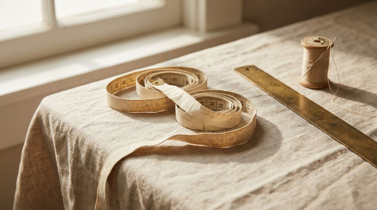 Tailor's measuring tape, brass ruler and thread spool on linen, symbolizing how to measure necklace length