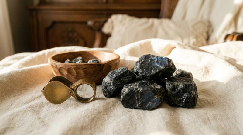 Raw dark feldspar moonstone specimens with a brass loupe and small wooden bowl on warm linen