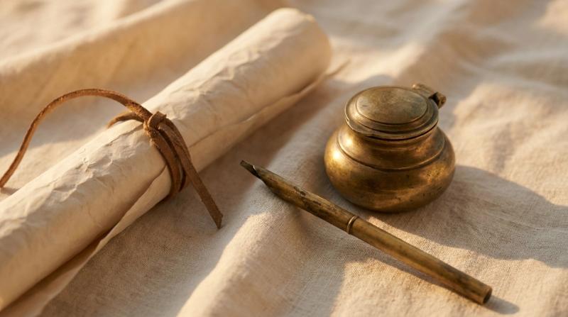 Antique brass reed pen and inkwell beside a rolled blank parchment scroll on warm linen, editorial still life