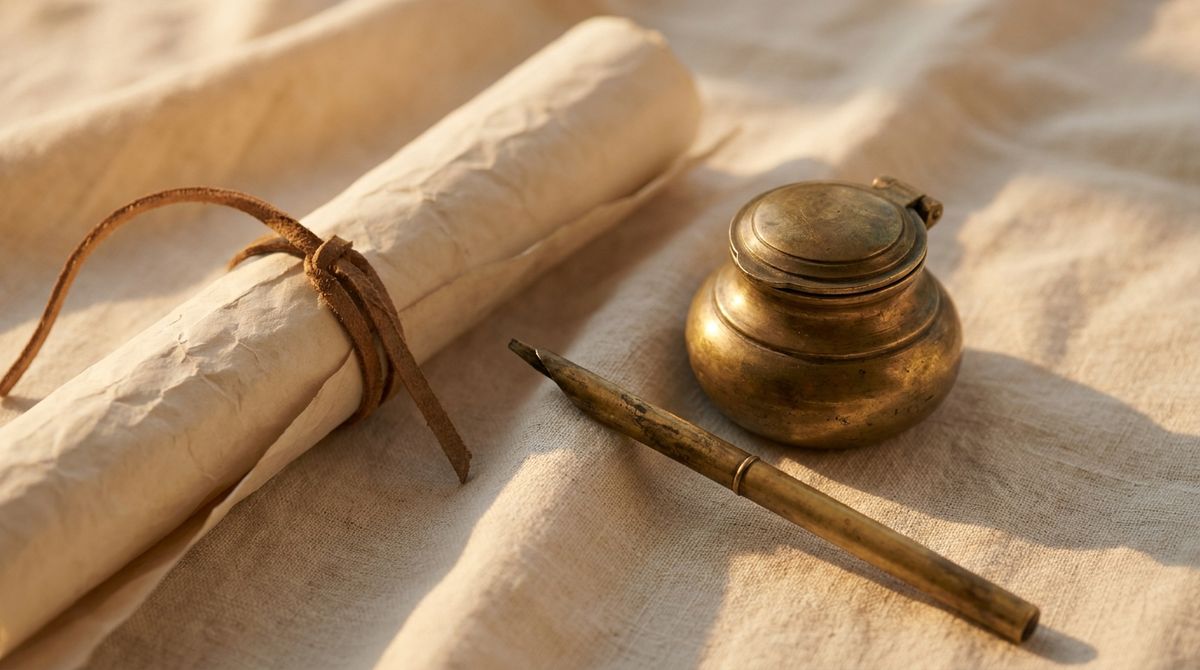 Antique brass reed pen and inkwell beside a rolled blank parchment scroll on warm linen, editorial still life
