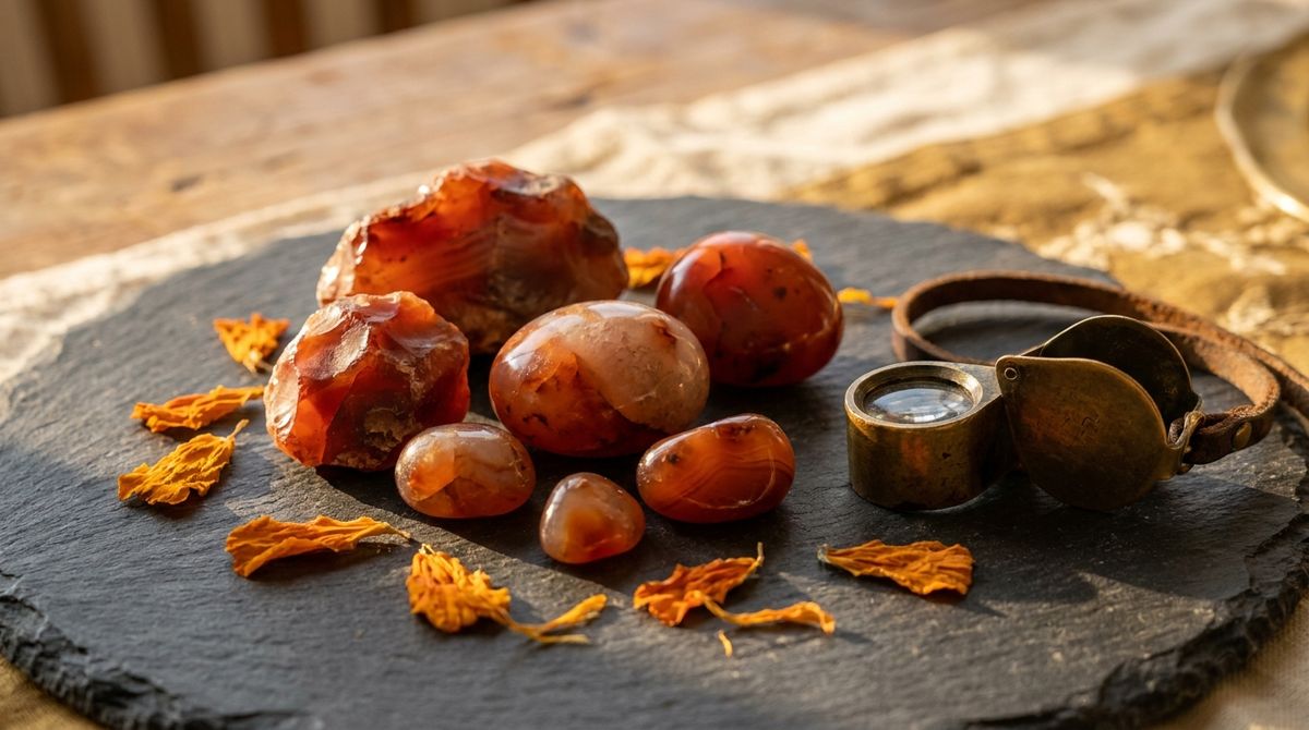 Raw and tumbled orange-red carnelian gemstones on dark slate with a brass loupe and dried marigold petals