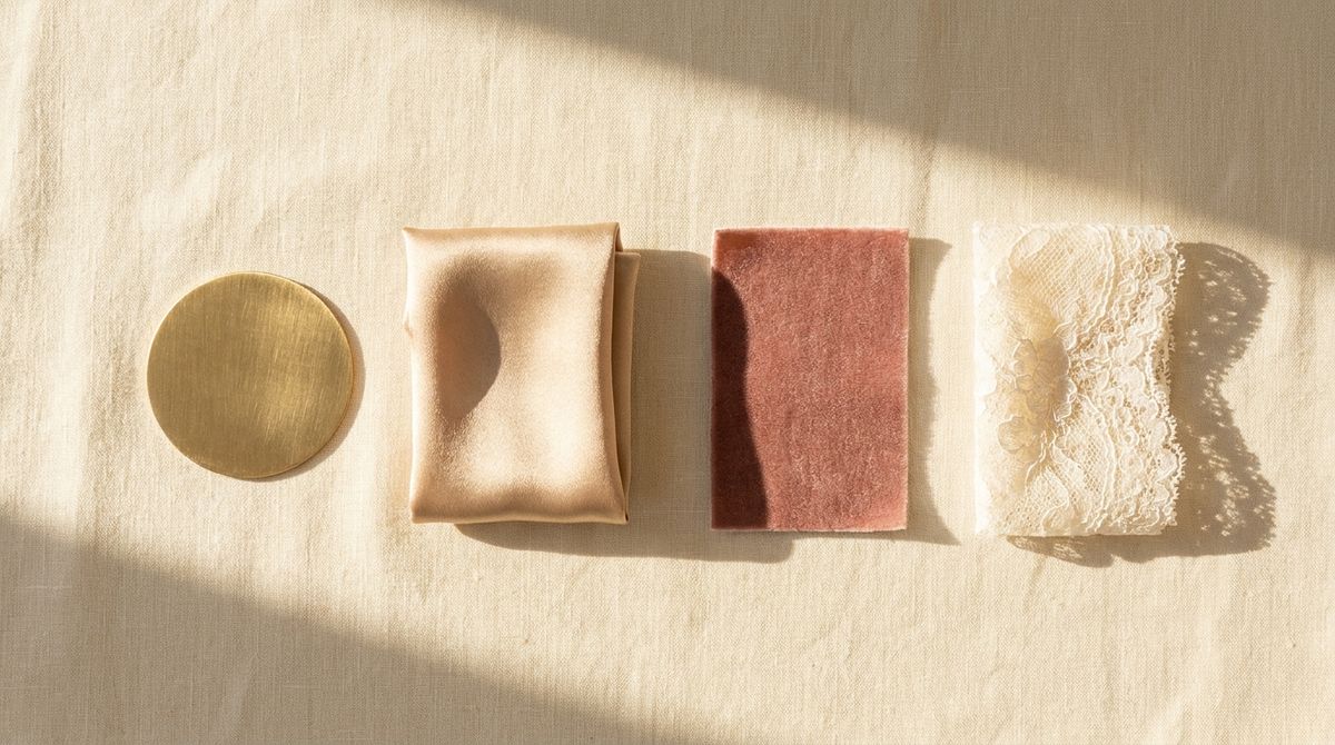 brushed gold disc with champagne, rose, and ivory fabric swatches representing different jewelry style moods
