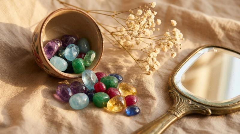 Loose polished birthstone-colored gemstones spilling from a small ceramic dish onto linen beside dried baby's breath and an antique hand mirror, editorial still-life cover photograph