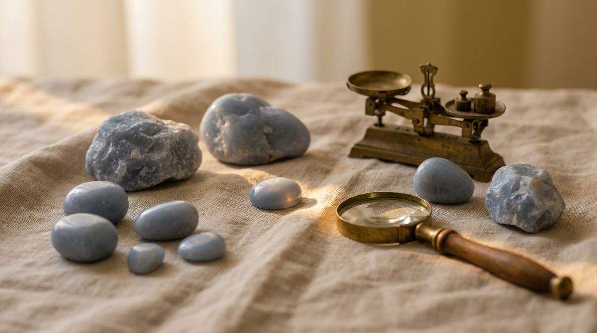Raw and tumbled pale sky-blue angelite crystal stones of varying sizes on natural linen, with a vintage brass balance scale and magnifying glass, showing the stone's soft, opaque texture