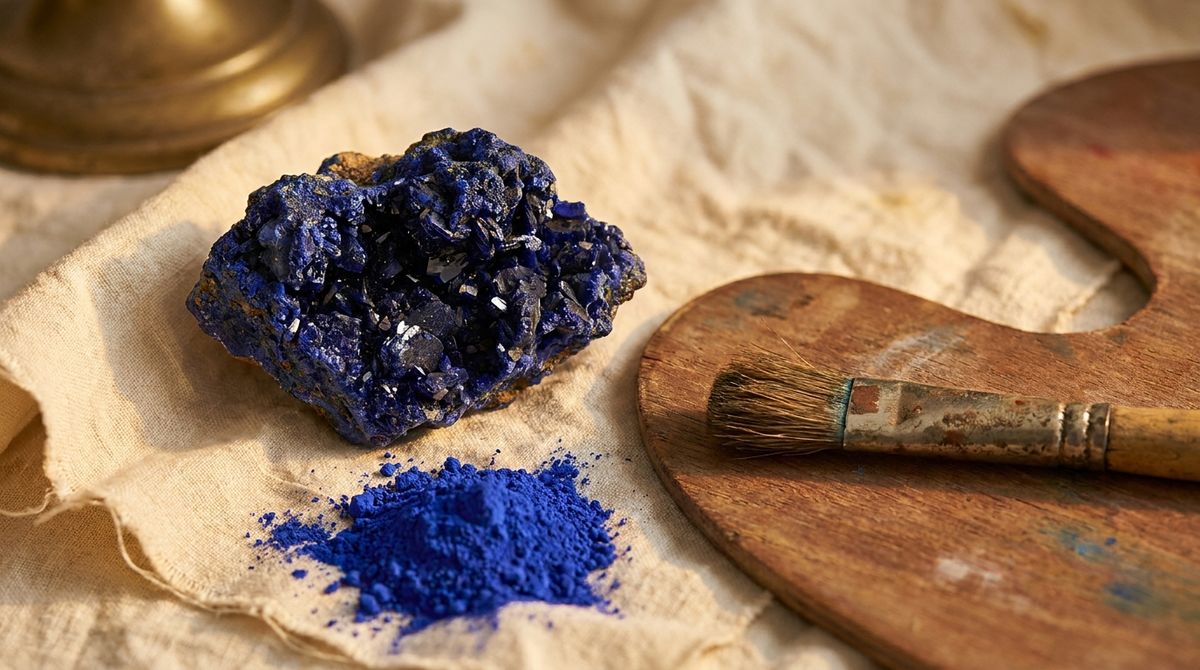Raw azurite mineral specimen beside ultramarine pigment powder and an antique paintbrush, evoking its history as a Renaissance blue pigment