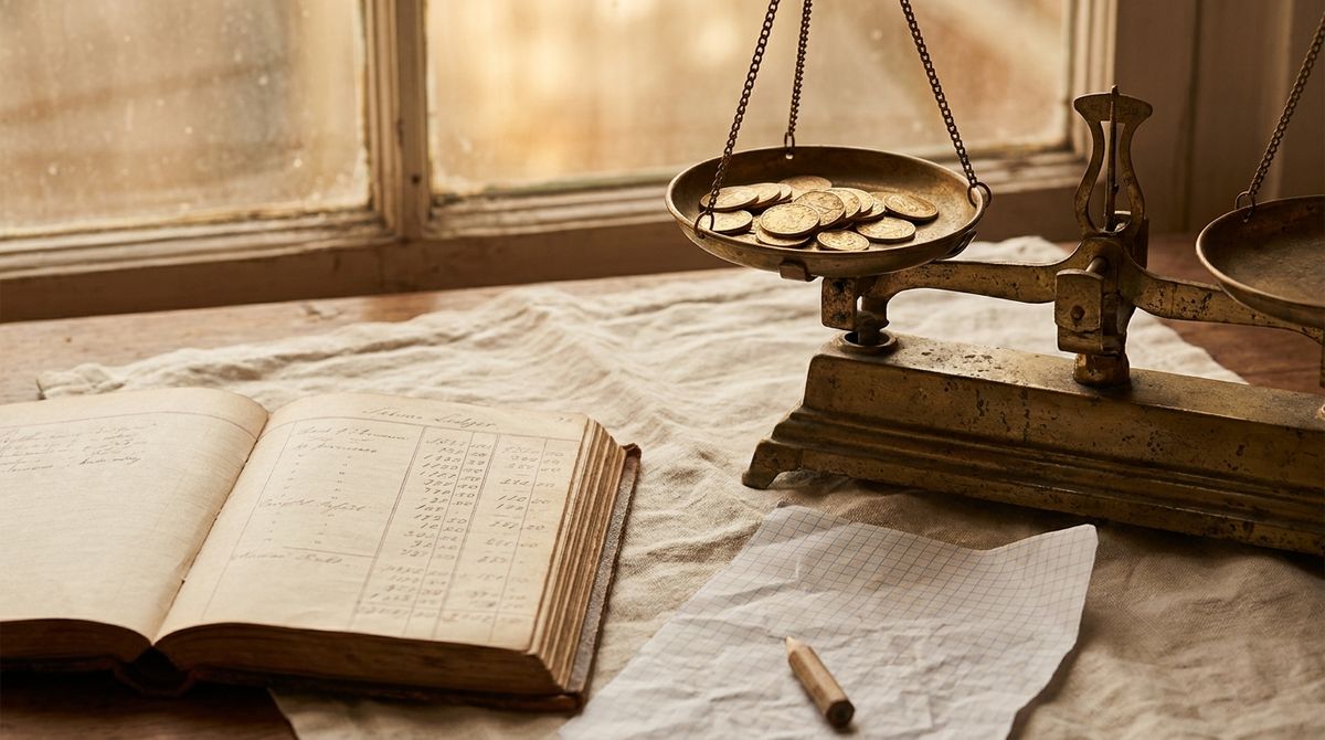 Antique brass balance scale with gold coins beside an open ledger book and graph paper on a linen-covered desk, symbolizing jewelry spending data