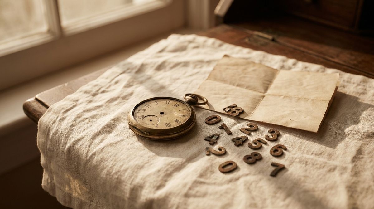An antique pocket watch and loose vintage metal numerals on linen in window light