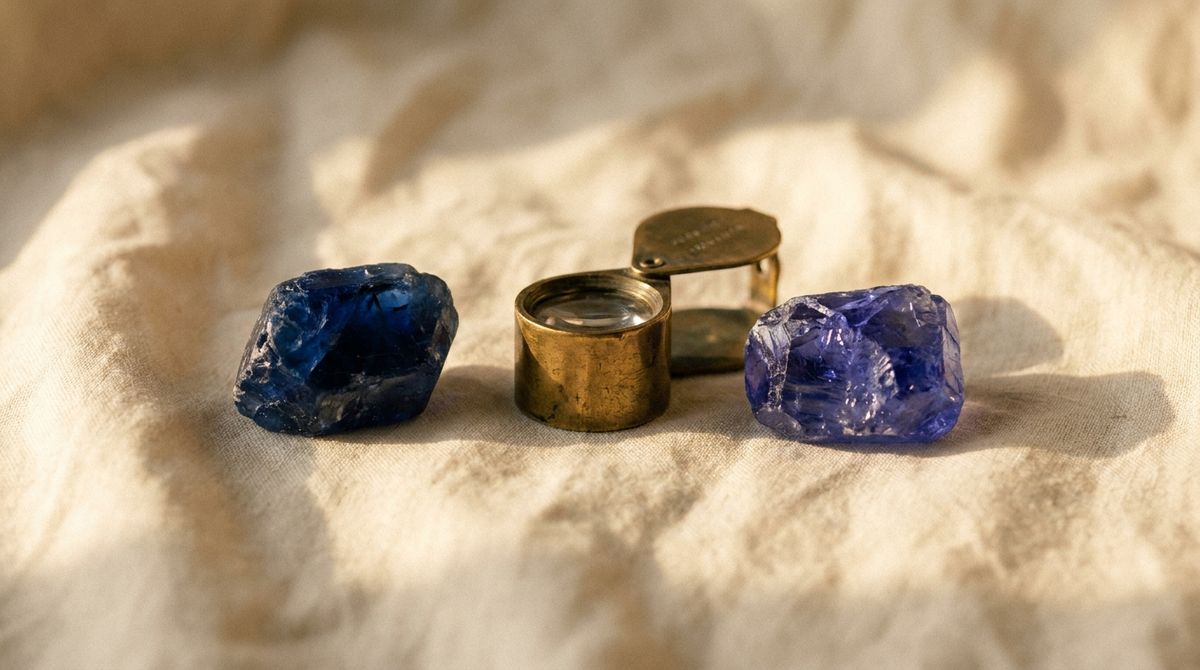 Sapphire vs. Tanzanite: Two Deep-Blue Gemstones, How to Tell Them Apart — editorial still-life cover photograph