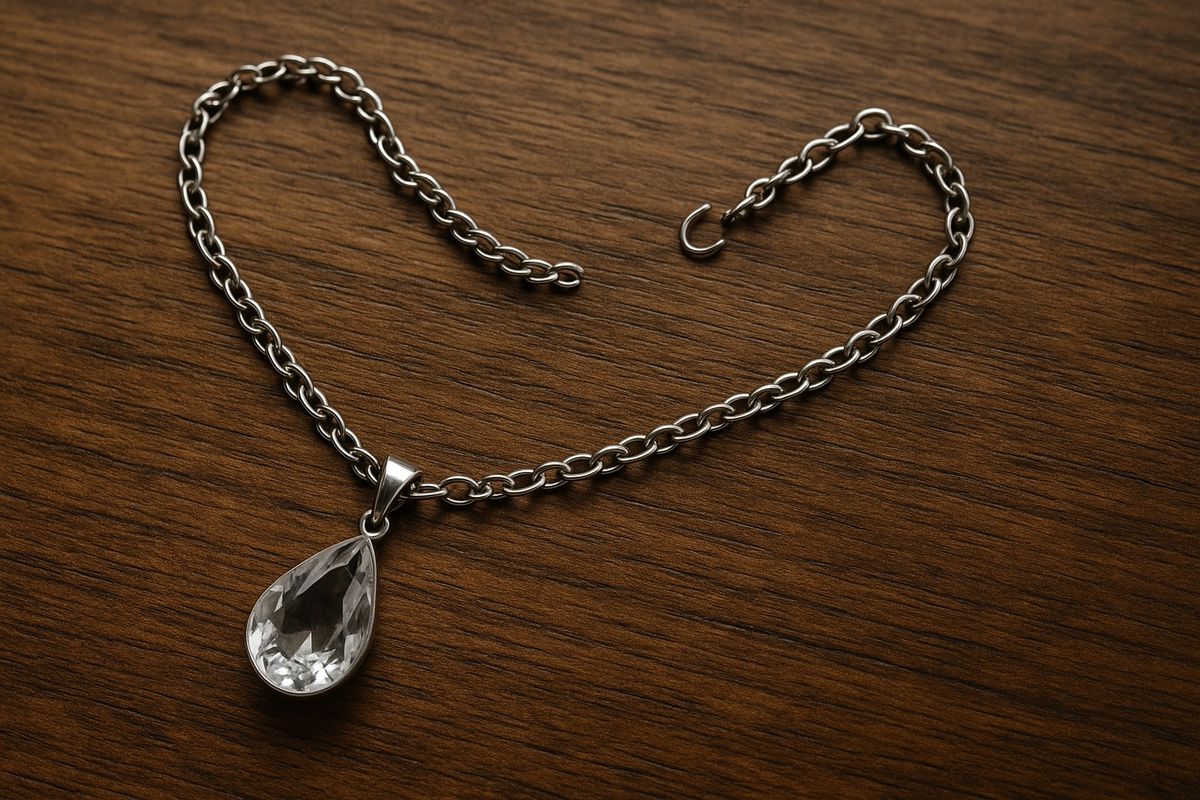 broken_silver_teardrop_pendant_on_wooden_surface