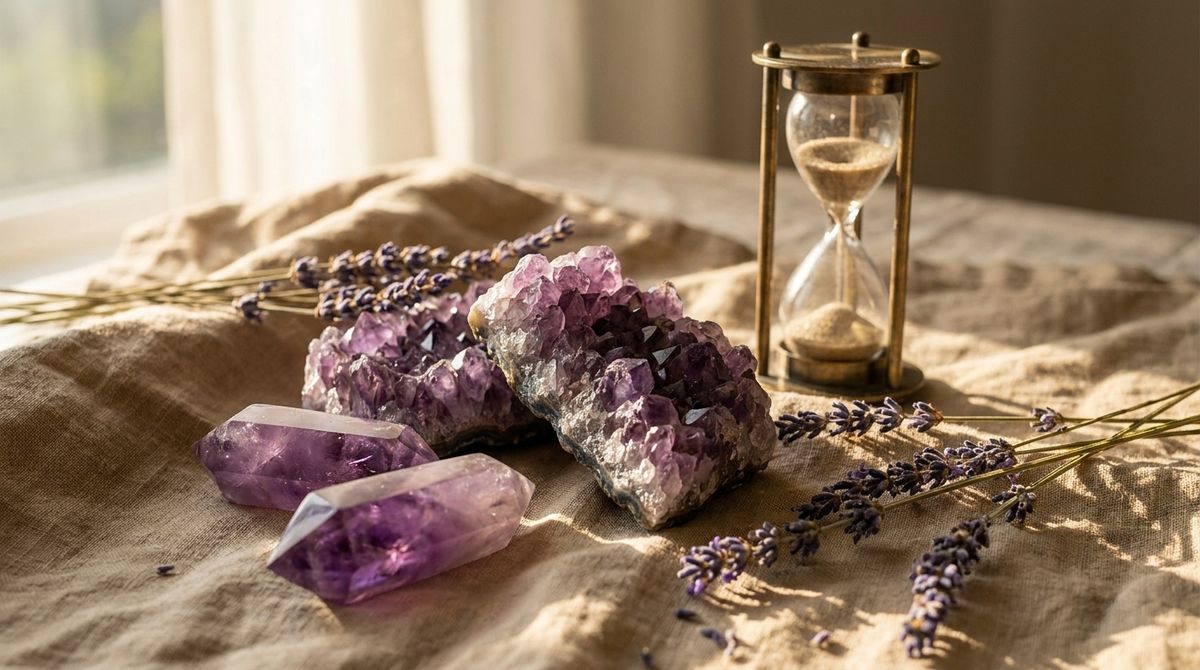 raw amethyst geode cluster and crystal points on linen with dried lavender and a brass hourglass