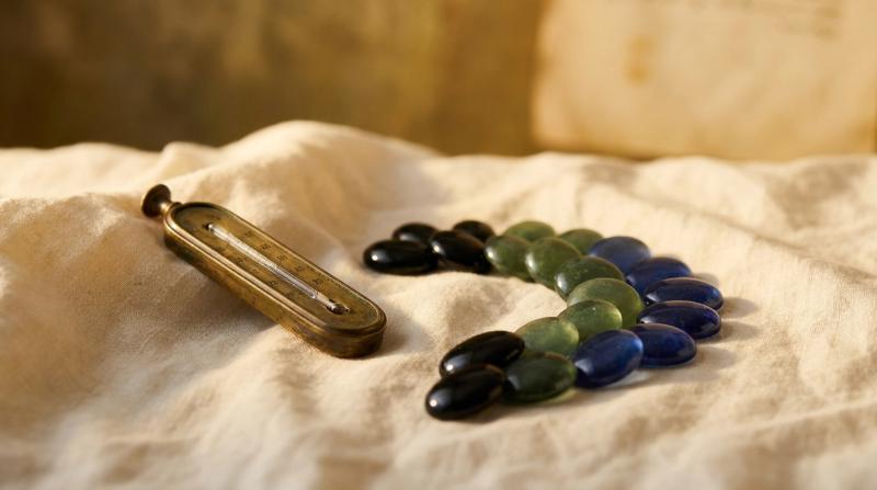 Antique brass thermometer beside a gradient row of loose black, green and blue glass cabochons on cream linen, evoking a mood ring's color-changing crystal