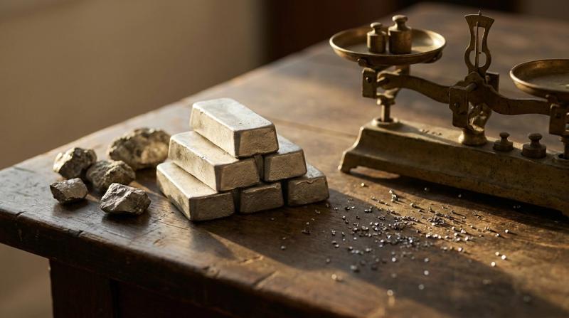 Raw palladium ingots and unrefined ore fragments on a dark wood table beside an antique brass balance scale, golden-hour light