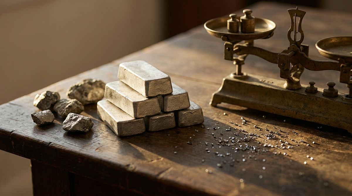 Raw palladium ingots and unrefined ore fragments on a dark wood table beside an antique brass balance scale, golden-hour light