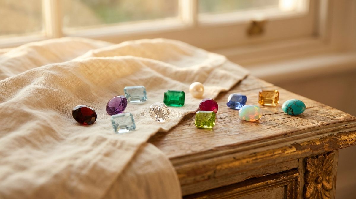 A dozen loose birthstone gems in every color — garnet, amethyst, aquamarine, diamond, emerald, pearl, ruby, peridot, sapphire, opal, topaz and turquoise — arranged on linen and antique wood