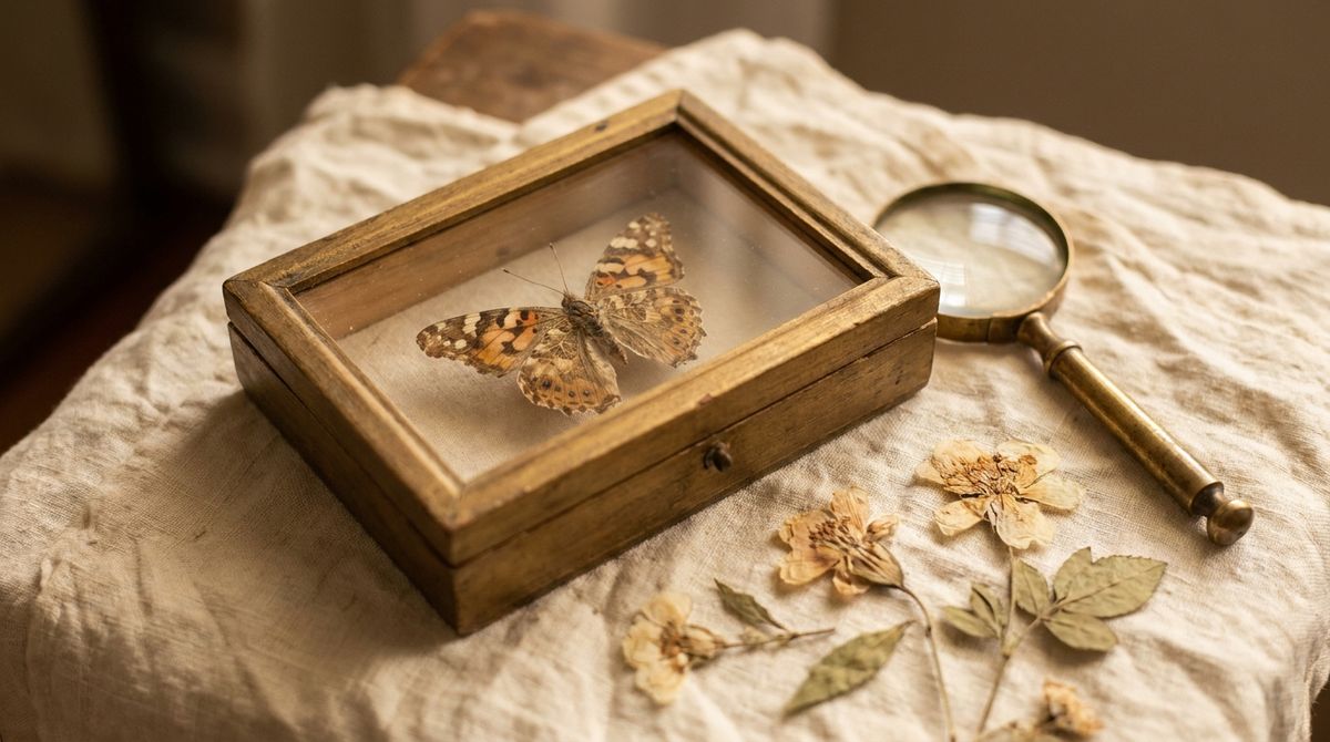 Antique specimen box with a mounted butterfly, dried flowers, and a brass magnifying glass on linen — a FARUZO jewelry symbolism guide to the butterfly meaning