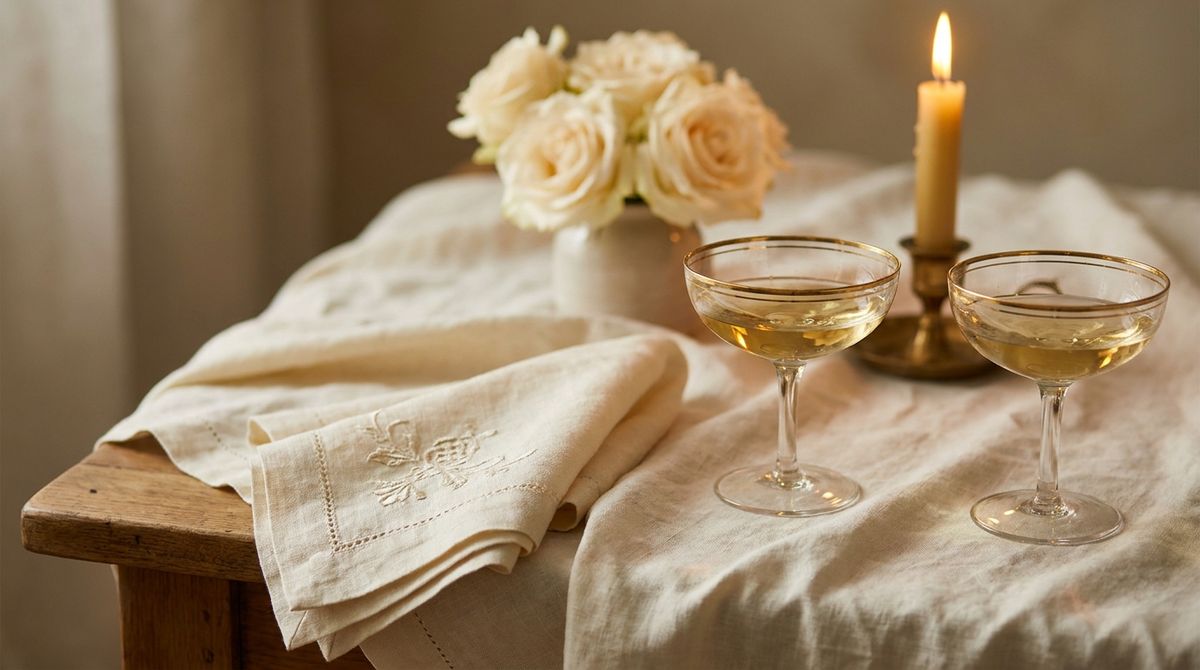 An anniversary table with cream roses, gold-rimmed coupes and candlelight on cream linen