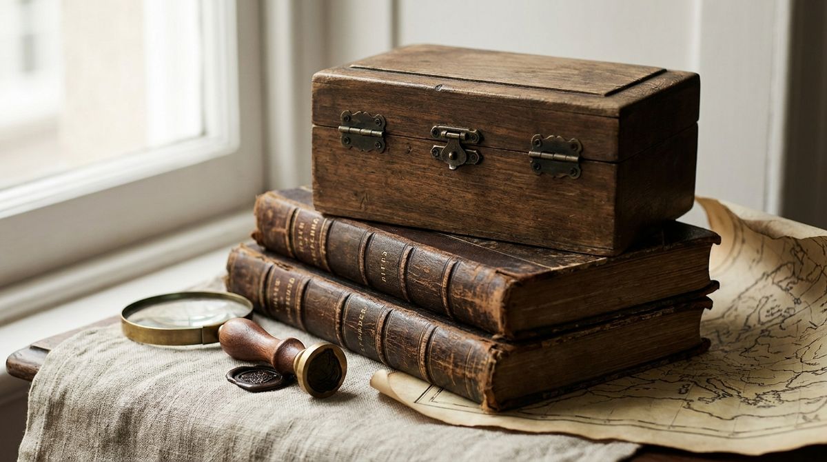antique trinket box, leather-bound books, wax seal and brass magnifying glass evoking engagement ring history