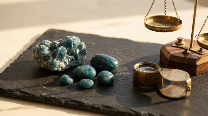 Raw blue-green apatite crystal cluster beside tumbled polished apatite stones on dark slate next to a brass jeweler's loupe and an antique balance scale, editorial still-life cover photograph