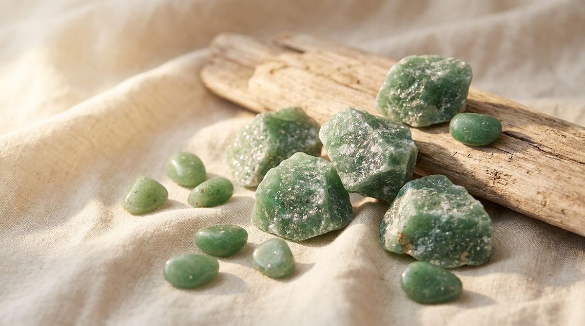 Raw and tumbled green aventurine crystal chunks with visible sparkly mica inclusions on natural linen
