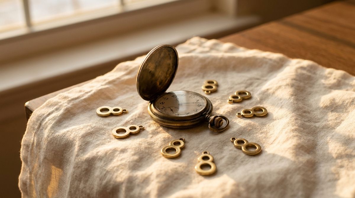 Antique brass pocket watch surrounded by loose brass numeral-8 charms on linen, evoking the 888 angel number
