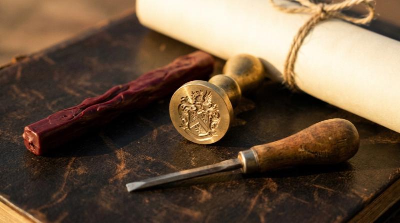 Antique brass wax seal stamp engraved with a family crest, a stick of red sealing wax, a jeweler's engraving tool and rolled parchment on dark leather
