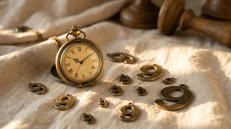 Antique brass pocket watch surrounded by loose brass numeral-9 charms on linen, evoking the 999 angel number