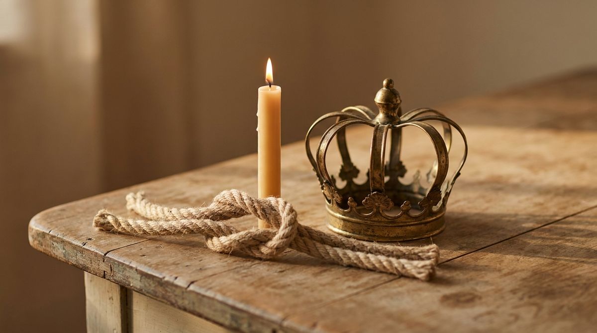 Lit candle, a tied friendship knot, and an antique crown ornament — the heart, hands, and crown of the Claddagh