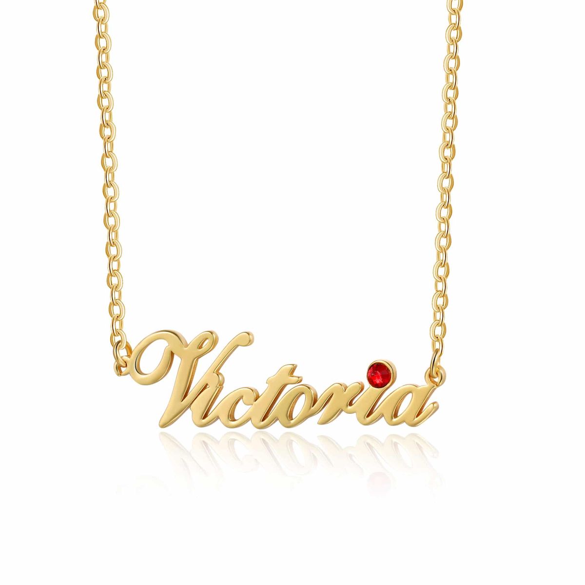 A personalized birthstone name necklace pairing an engraved name with its birth month gemstone