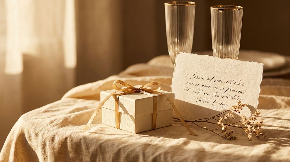 A cream jewelry gift box tied with gold ribbon beside a handwritten card and champagne flutes in warm light — the bridesmaid proposal moment