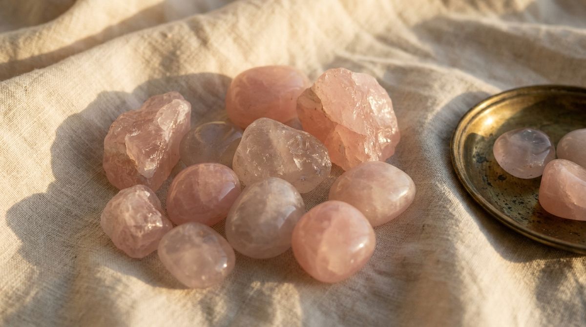 Raw and tumbled rose quartz crystal stones in soft pink hues arranged on natural linen beside a small brass dish, warm golden light