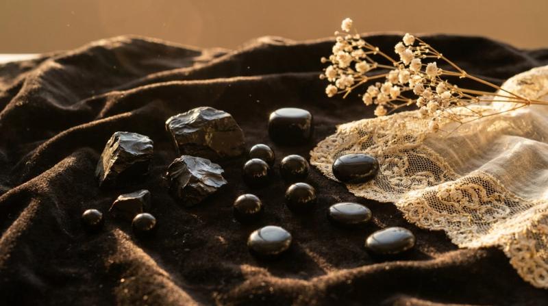 Raw and polished jet gemstone fragments, deep glossy black, on dark velvet beside a Victorian lace mourning handkerchief and dried baby's breath flowers